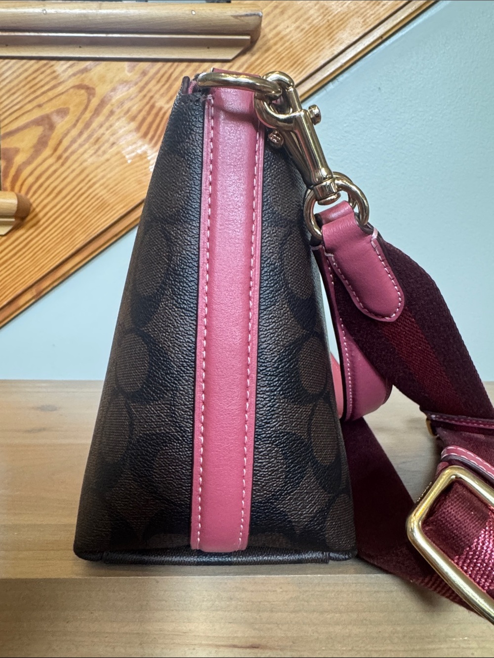 Coach New York Brown Signature Canvas Shoulder Bag with Pink Accents - Picture 5 of 10
